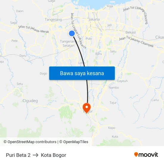 Puri Beta 2 to Kota Bogor map