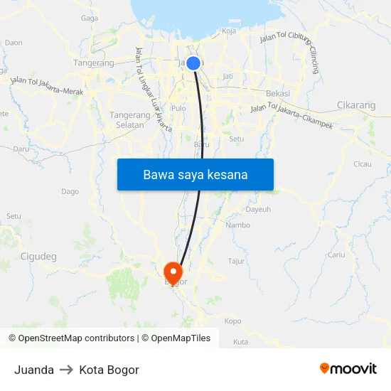 Juanda to Kota Bogor map