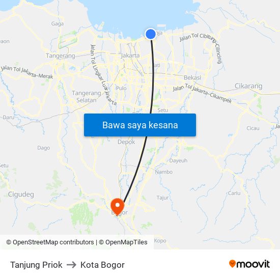 Tanjung Priok to Kota Bogor map