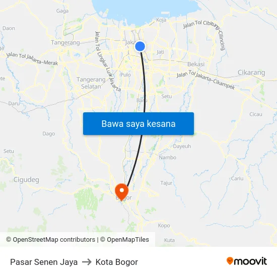Pasar Senen Jaya to Kota Bogor map