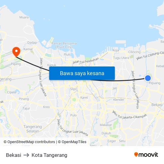 Bekasi to Kota Tangerang map