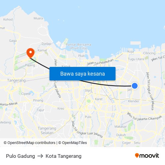 Pulo Gadung to Kota Tangerang map