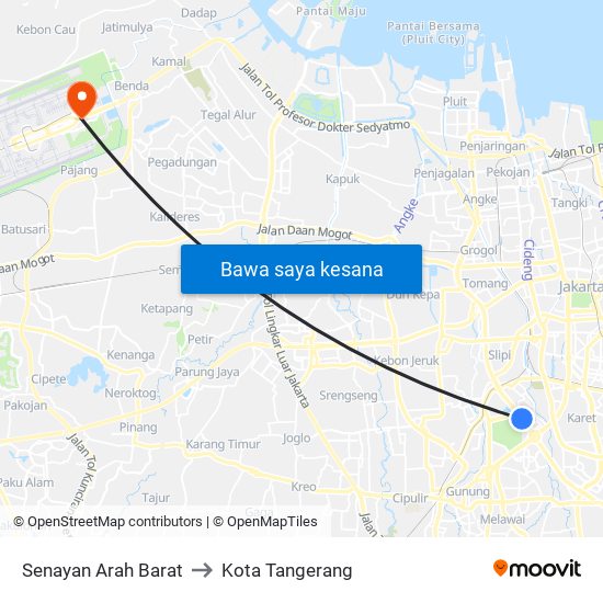 Senayan Arah Barat to Kota Tangerang map