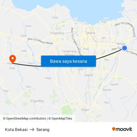 Kota Bekasi to Serang map