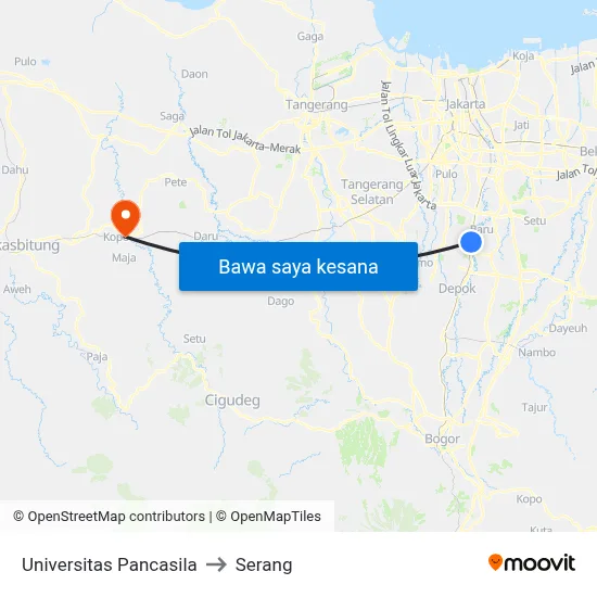 Universitas Pancasila to Serang map