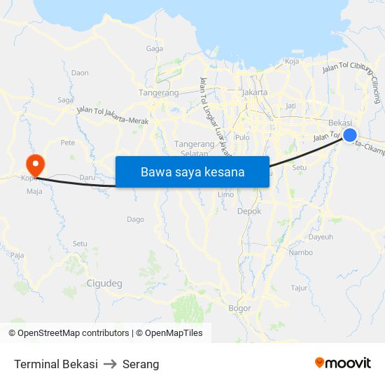 Terminal Bekasi to Serang map