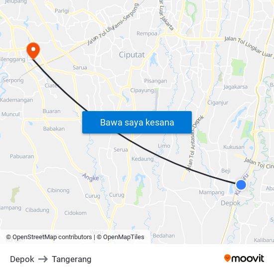 Depok to Tangerang map