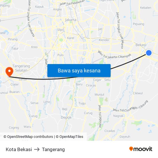 Kota Bekasi to Tangerang map