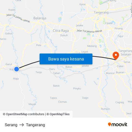 Serang to Tangerang map