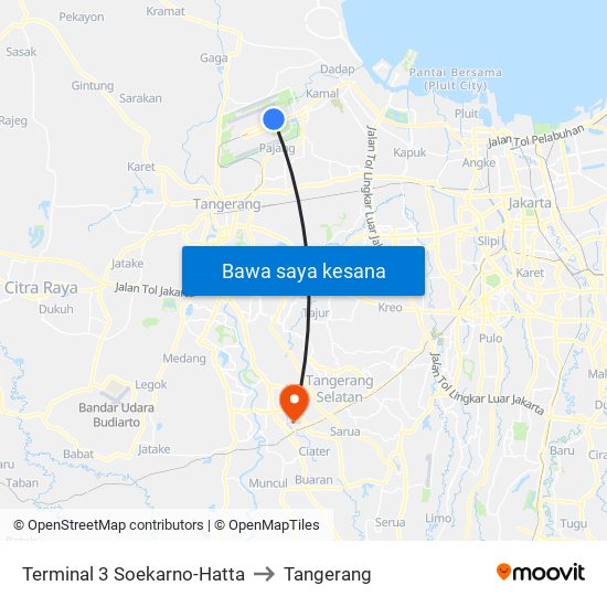 Terminal 3 Soekarno-Hatta to Tangerang map