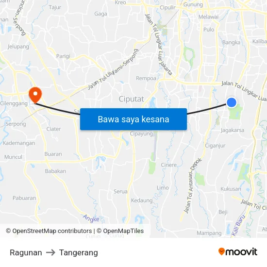 Ragunan to Tangerang map