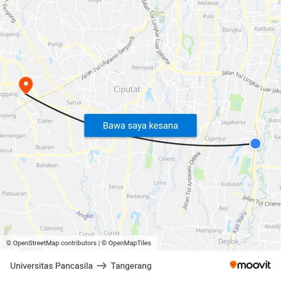 Universitas Pancasila to Tangerang map