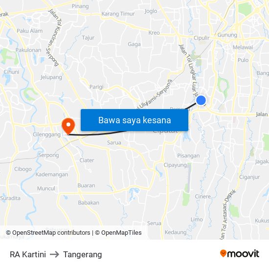RA Kartini to Tangerang map