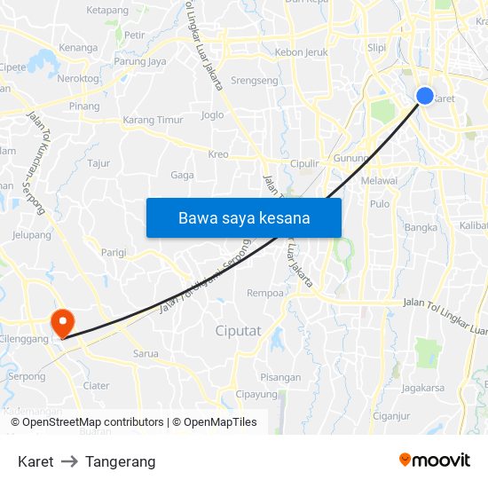 Karet to Tangerang map
