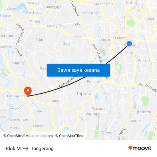 Blok M to Tangerang map