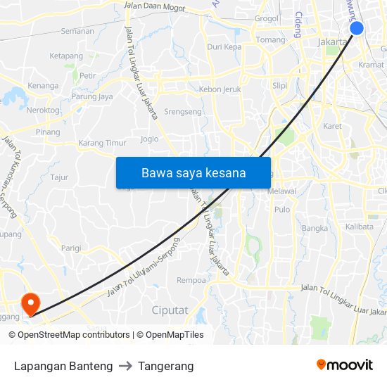 Lapangan Banteng to Tangerang map