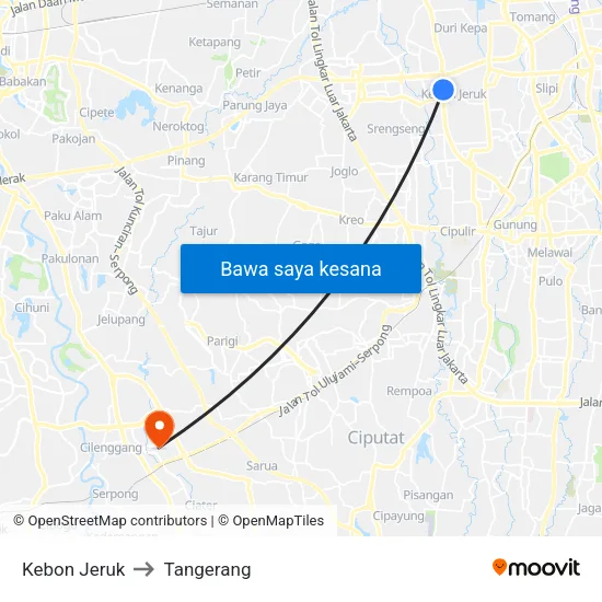 Kebon Jeruk to Tangerang map