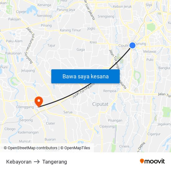 Kebayoran to Tangerang map