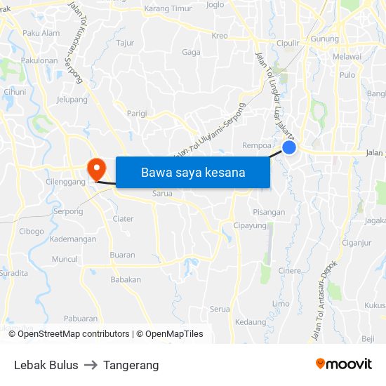 Lebak Bulus to Tangerang map