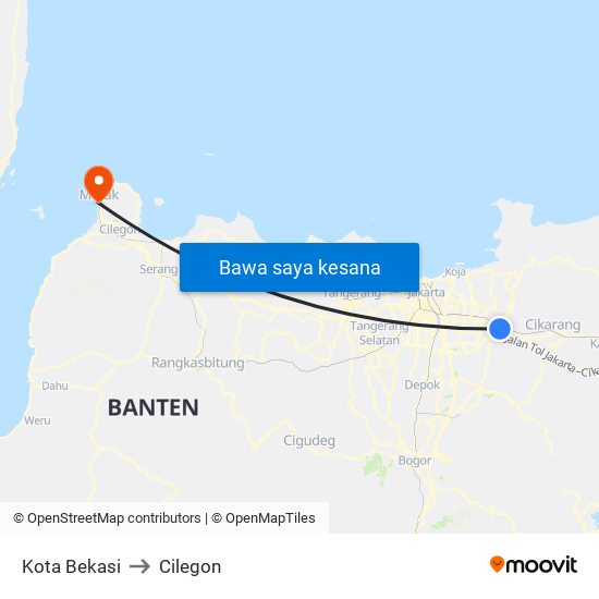 Kota Bekasi to Cilegon map