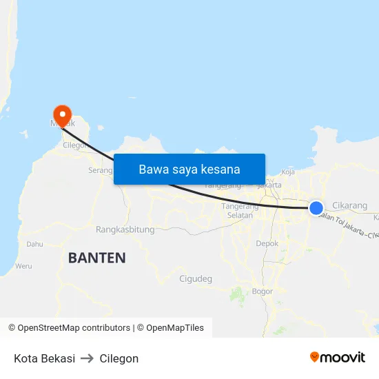 Kota Bekasi to Cilegon map