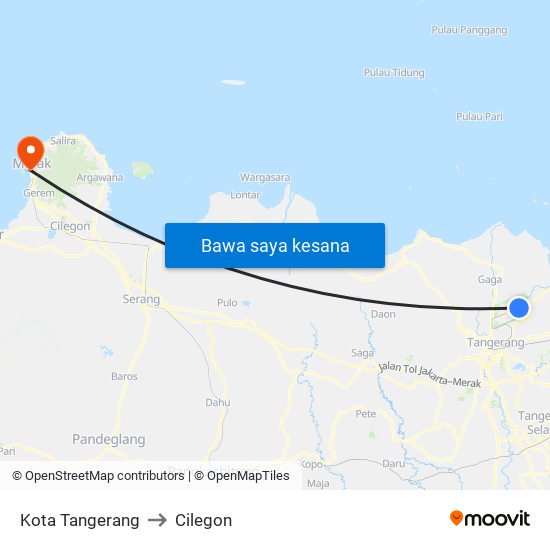 Kota Tangerang to Cilegon map