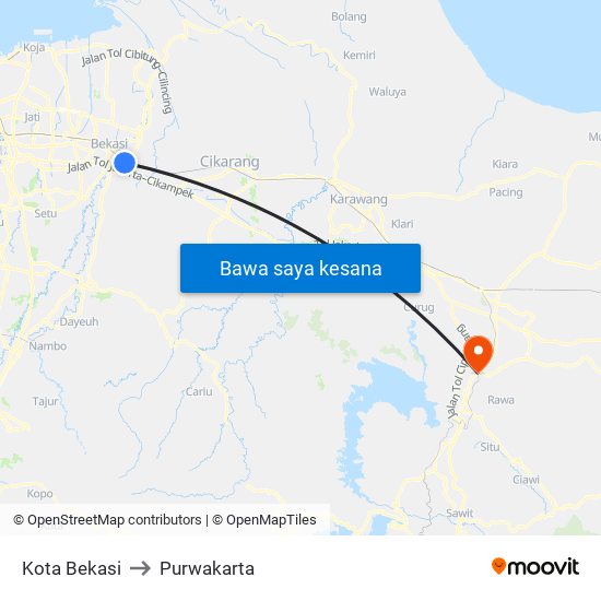 Kota Bekasi to Purwakarta map