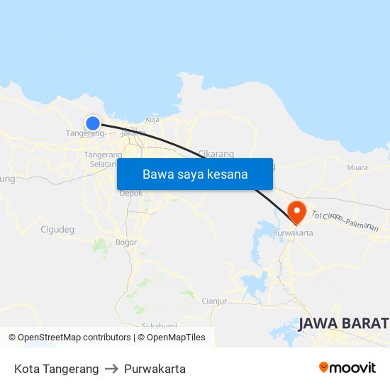 Kota Tangerang to Purwakarta map