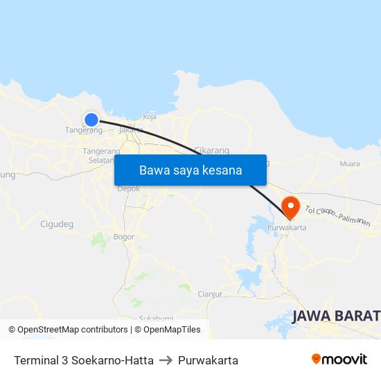 Terminal 3 Soekarno-Hatta to Purwakarta map