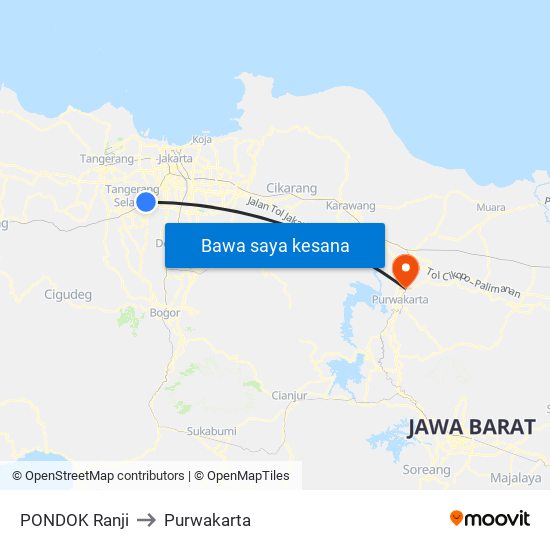 PONDOK Ranji to Purwakarta map