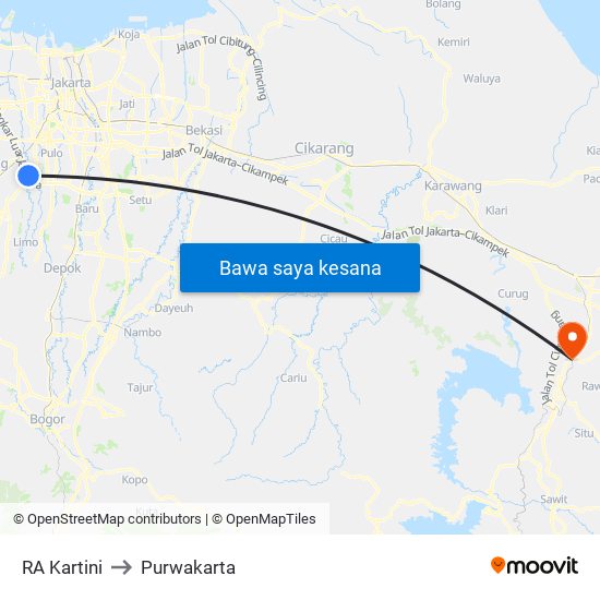 RA Kartini to Purwakarta map