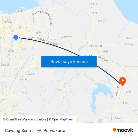 Cawang Sentral to Purwakarta map