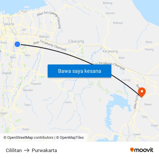 Cililitan to Purwakarta map