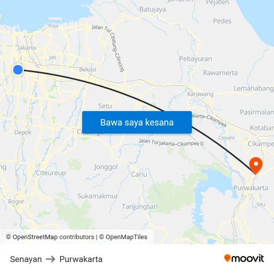 Senayan to Purwakarta map
