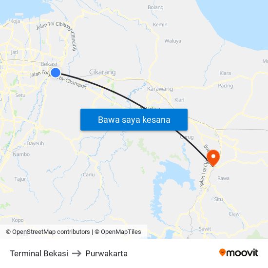 Terminal Bekasi to Purwakarta map
