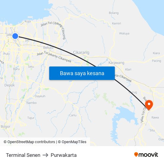 Terminal Senen to Purwakarta map