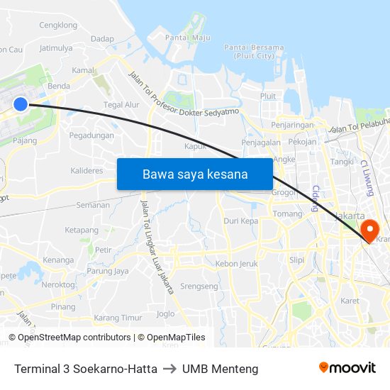 Terminal 3 Soekarno-Hatta to UMB Menteng map