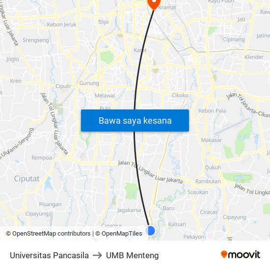 Universitas Pancasila to UMB Menteng map