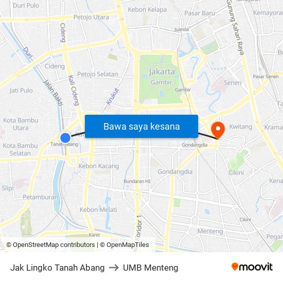 Jak Lingko Tanah Abang to UMB Menteng map