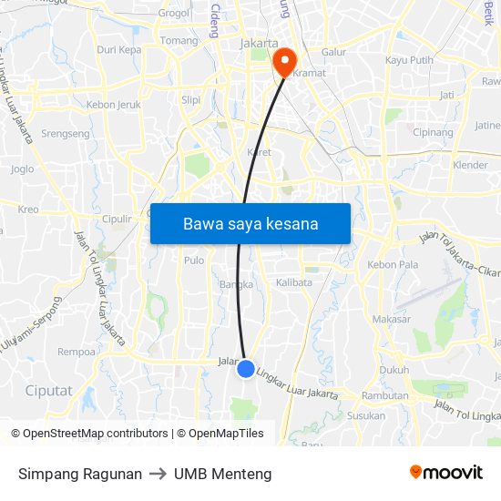Simpang Ragunan to UMB Menteng map