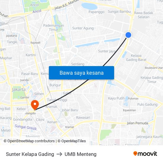 Sunter Kelapa Gading to UMB Menteng map