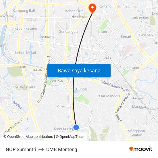 GOR Sumantri to UMB Menteng map