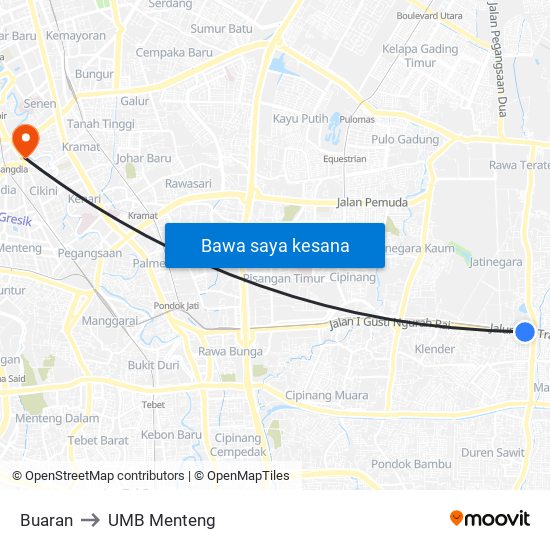 Buaran to UMB Menteng map