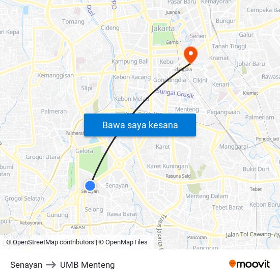 Senayan to UMB Menteng map