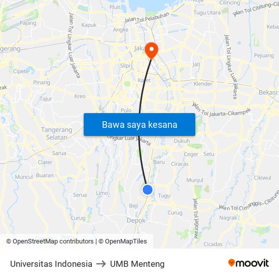 Universitas Indonesia to UMB Menteng map