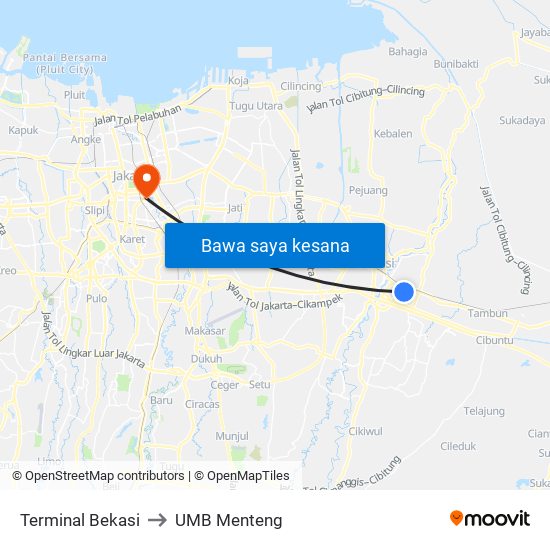 Terminal Bekasi to UMB Menteng map