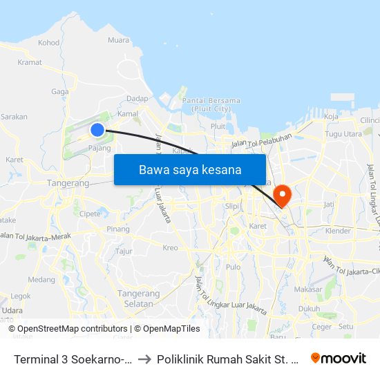 Terminal 3 Soekarno-Hatta to Poliklinik Rumah Sakit St. Carolus map