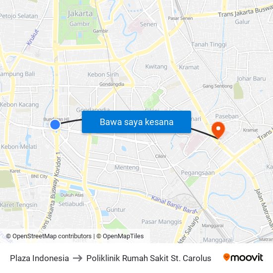 Plaza Indonesia to Poliklinik Rumah Sakit St. Carolus map