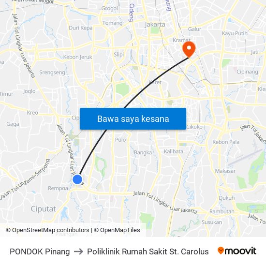 PONDOK Pinang to Poliklinik Rumah Sakit St. Carolus map