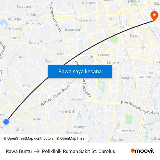 Rawa Buntu to Poliklinik Rumah Sakit St. Carolus map